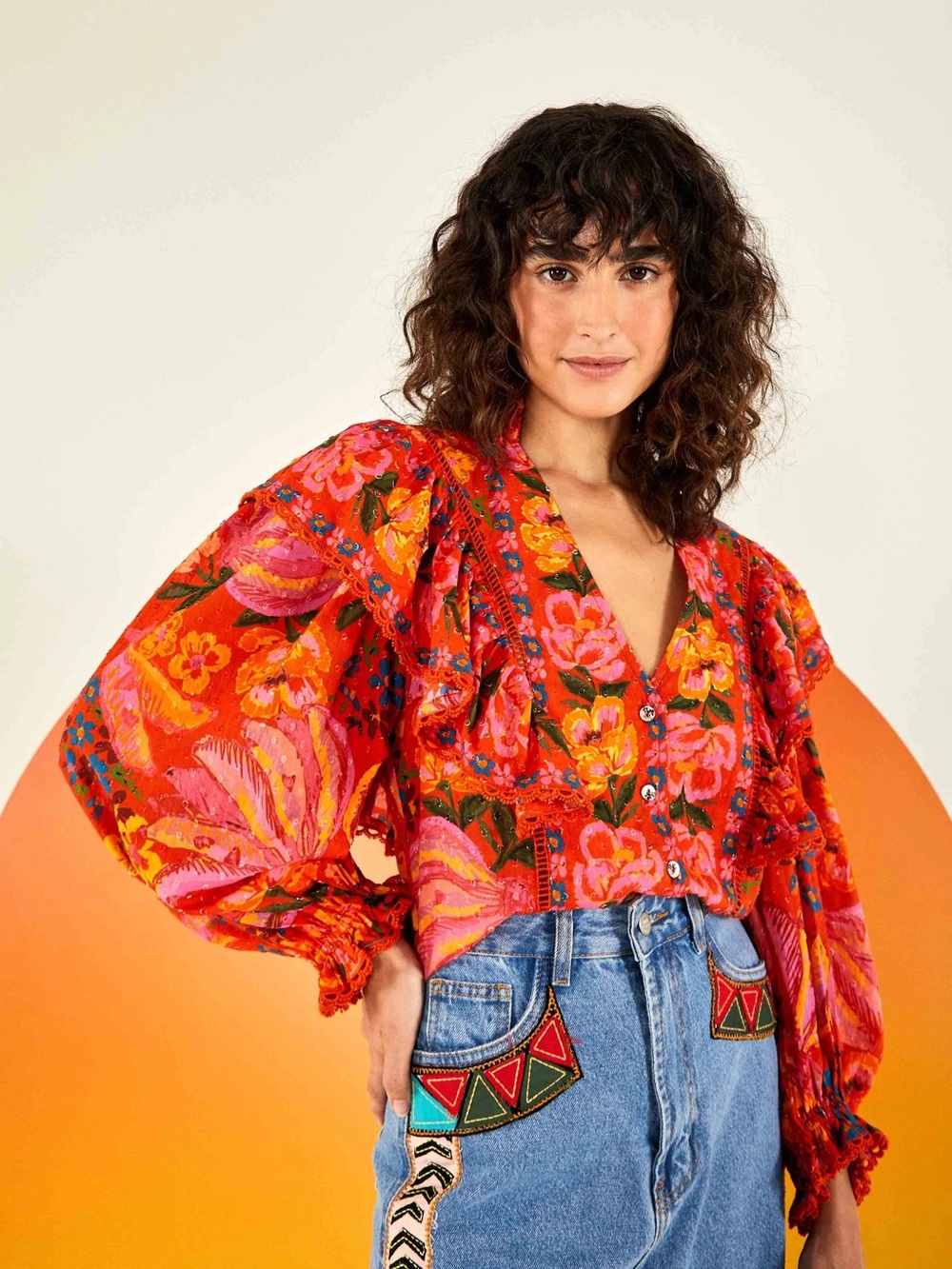 Farm Rio • Red Spring Banana Ruffle Button Blouse